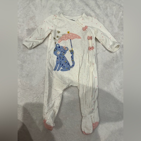 Du Pareil Baby Girls White Long Sleeve Cat Print Polka Dot Footie Onesie Size 6M - Picture 2 of 5